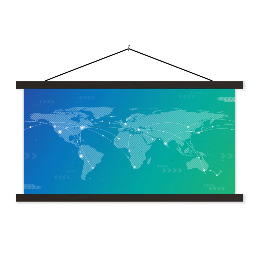 MuchoWow Textilposter Weltkarte - Reisen - Blau 90x45 cm mit schwarzem Rahmen - Klemmleisten
