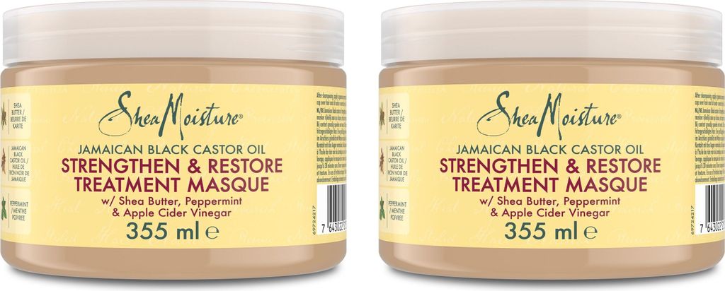 SheaMoisture Strength & Restore Treat Mask 2x 355ml für natürliches Haar Jamaikanische schwarze Rizinusöl-Haarmaske ohne Sulfate oder Silikone