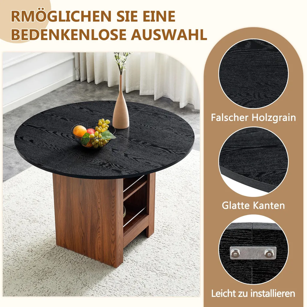 Table ronde aspect noyer Ø 100 cm avec étagère, structure métal noir - 5