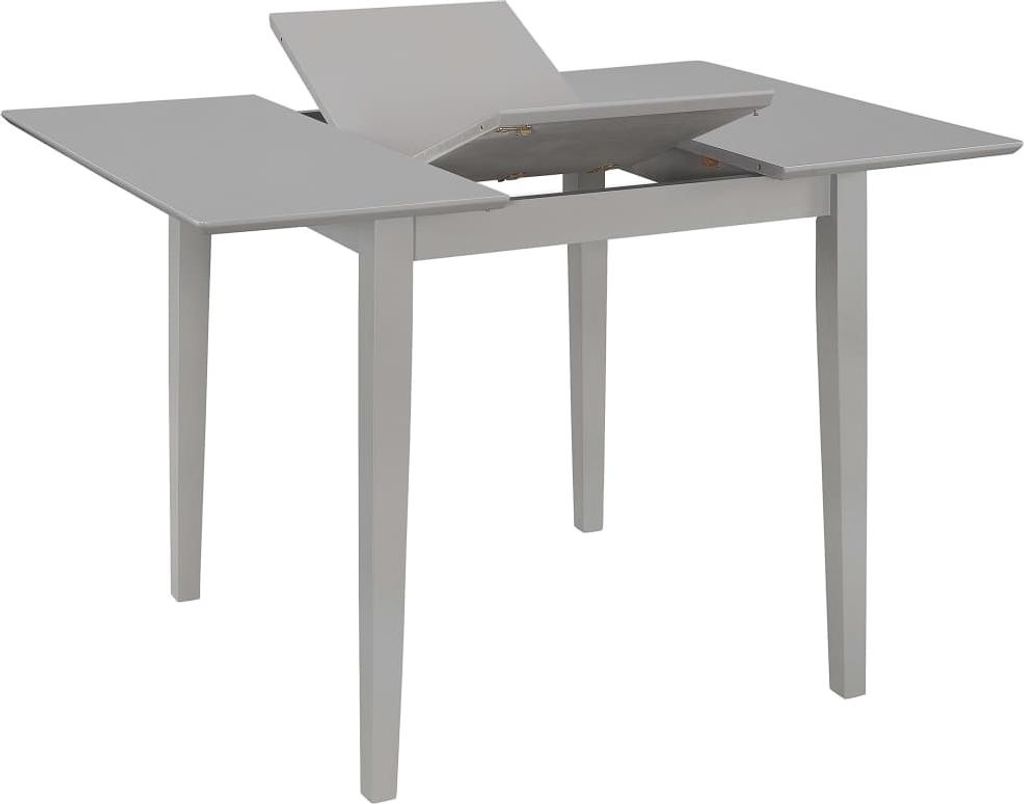 A light gray extendable dining table is shown against a white background.