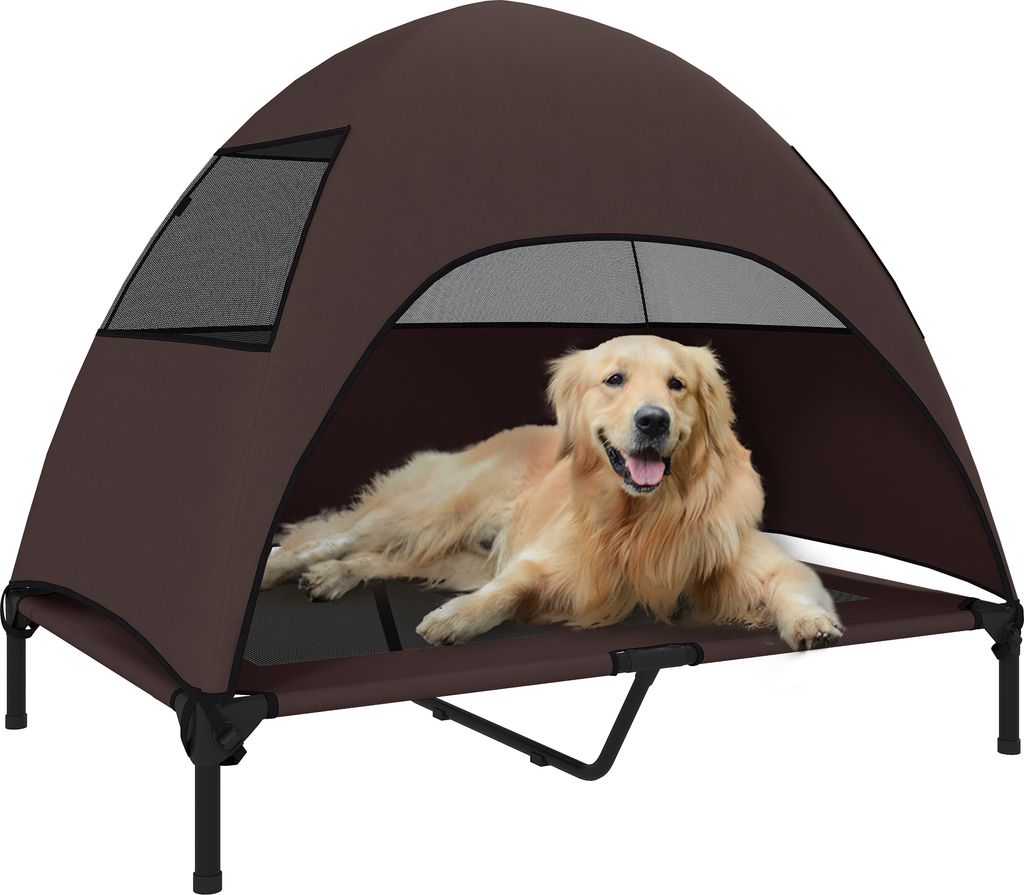 A golden retriever dog is lying on a raised pet bed with a brown canopy.