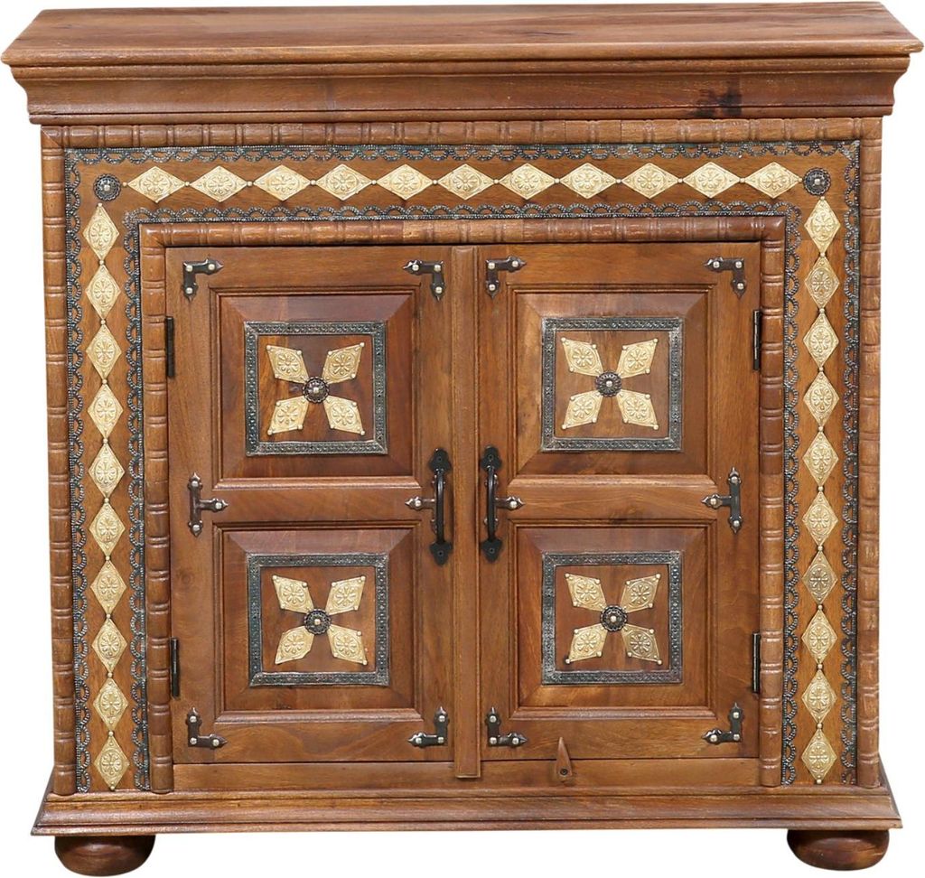 Marrakesch Orientalische Kommode mit Türen aus Holz & Messing 100cm | Vintage-Charme kleines Sideboard Komode Abtin für stilvolle Aufbewahrung & ...