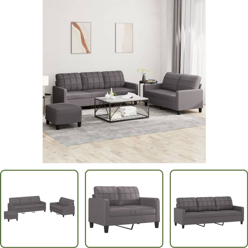 The Living Store 3-tlg. Sofagarnitur mit Kissen Grau Kunstleder