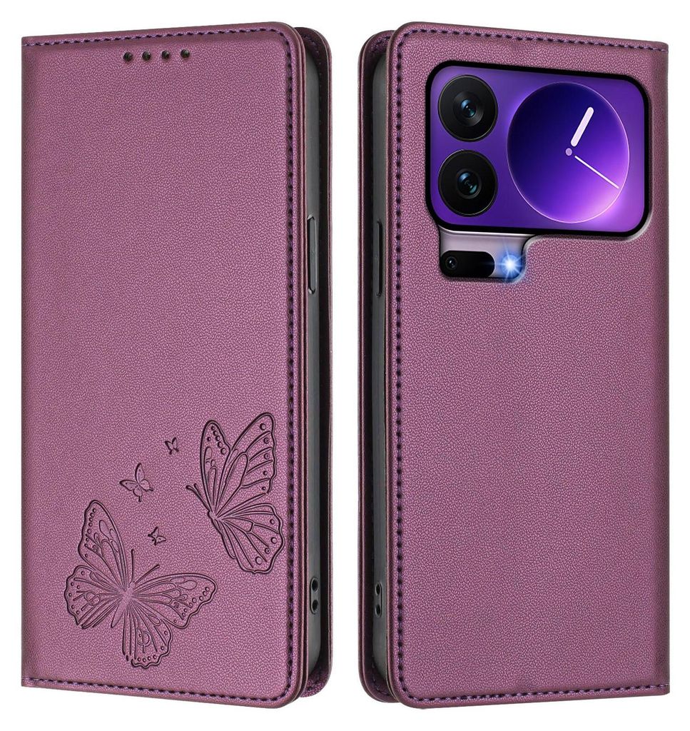 Lederhülle für Xiaomi 17 Pro, Schmetterling Prägung Leder Brieftasche Schutzhülle mit Ständer Lila