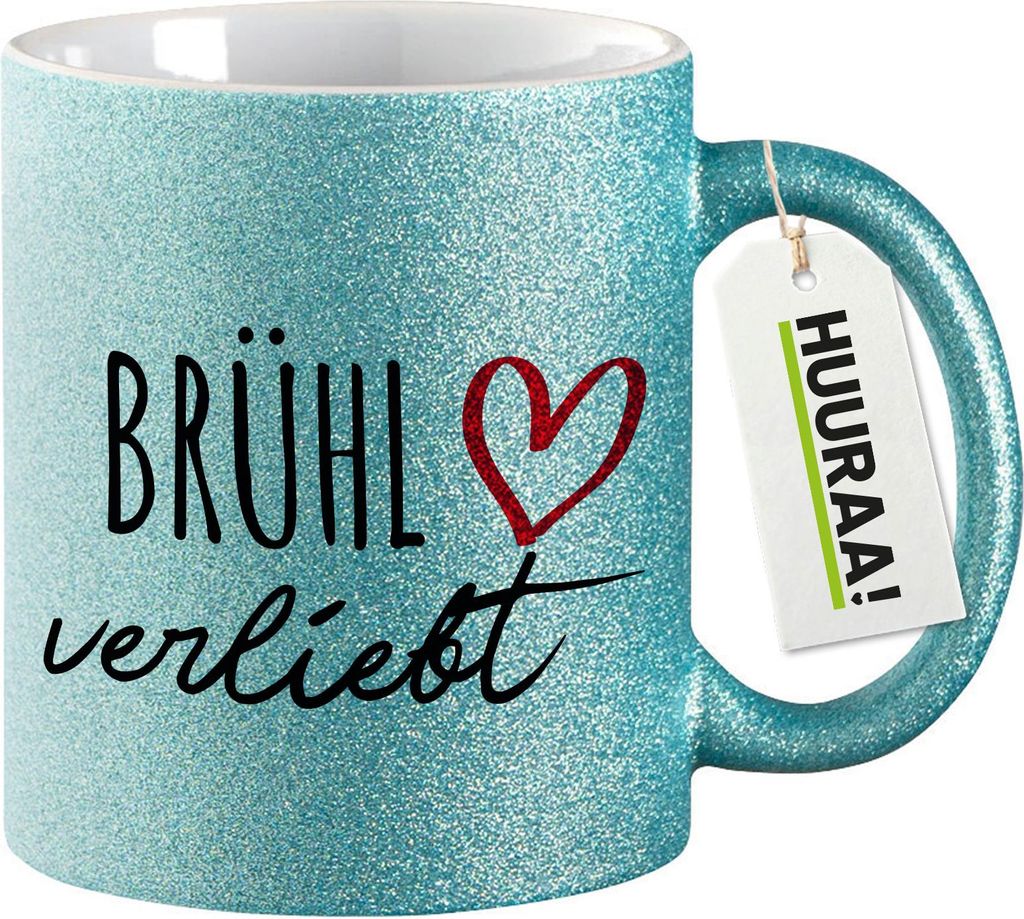 Huuraa Glitzertasse Brühl verliebt 330ml Blau Keramik Kaffeebecher Geschenkidee