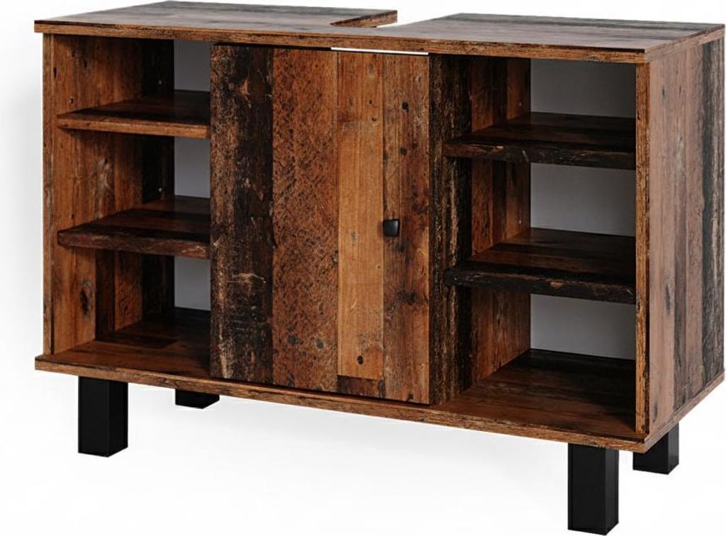 A vanity cabinet with a rustic wood finish and black legs.
