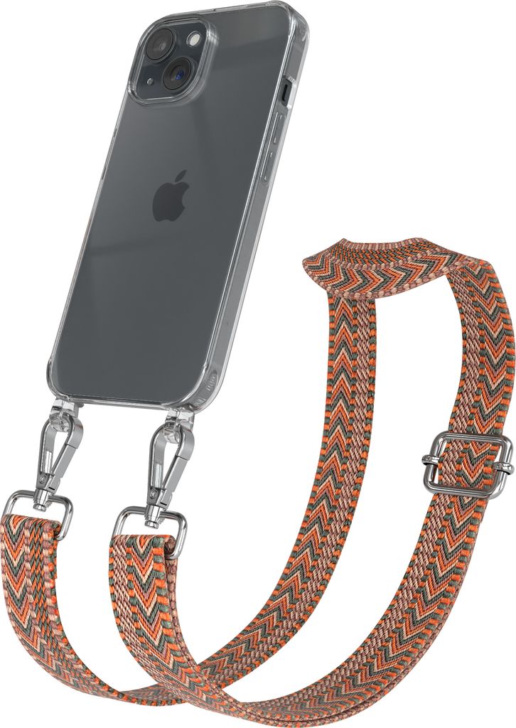 EAZY CASE Handykette - Verstellbarer Trageriemen kompatibel mit Apple iPhone 15, Handykordel mit transparenter Silikon-Hülle, Band in Orange