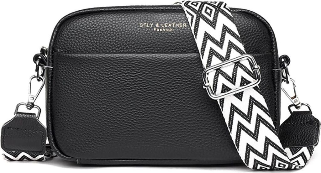 Damen Leder Breiter Riemen Handtasche Schultertasche Moderne Taschen mit breitem Schultergurt, schwarz, Handtaschen