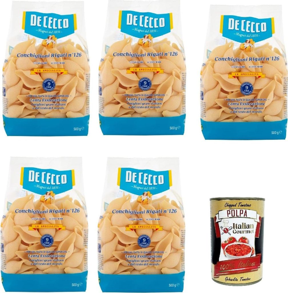 De Cecco Le Specialità Conchiglioni Rigati N°126, 100% Italienisch Pasta Nudeln 5x 500g + Italian Gourmet Polpa 400g