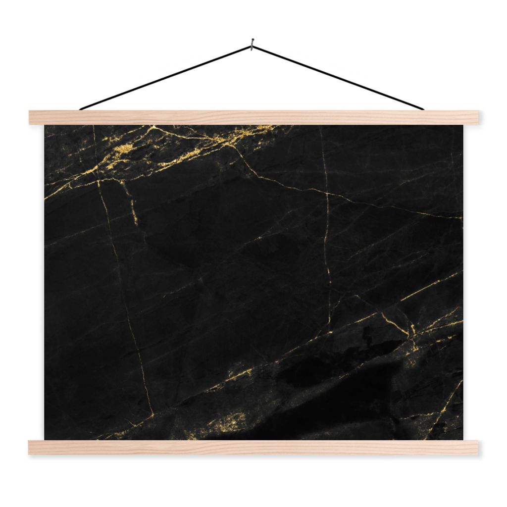 MuchoWow Textilposter Marmor - Schwarz - Gold - Chic - Marmoroptik - Design 60x45 cm mit holzfarbenen Rahmen - Bild