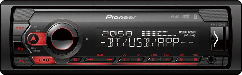 A close-up, front-facing studio shot of a Pioneer car stereo receiver.
