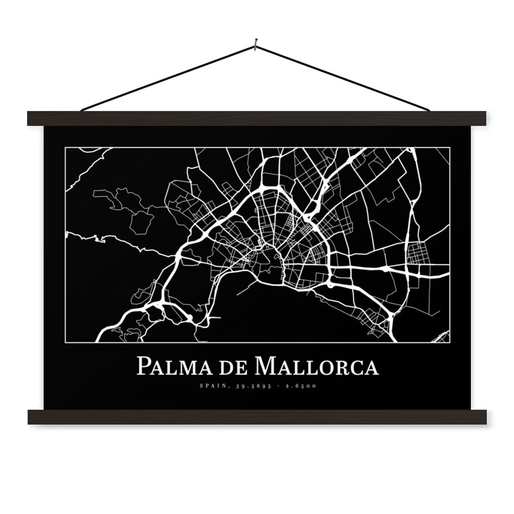 MuchoWow Textilposter Karte - Stadtplan - Palma de Mallorca - Karte 90x60 cm mit schwarzem Rahmen - Aufhängungssatz