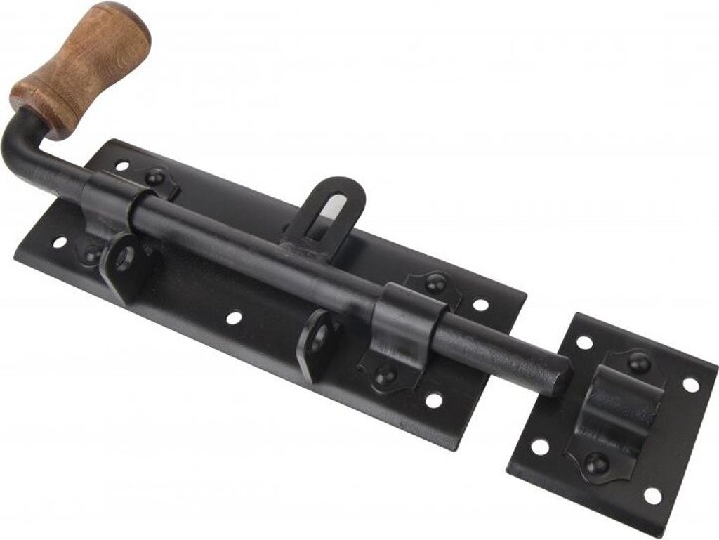 BKshop | Türriegel - 280x80 mm - Schwarz Verzinkt - Für Türen und Schränke - Torriegel - WRK 280c - Rundbolzen - Griff aus Holz