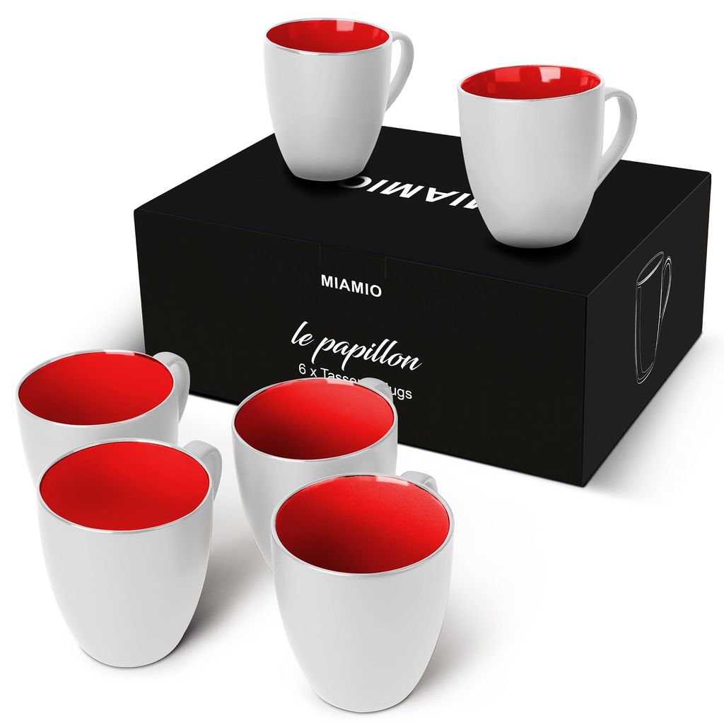 MIAMIO - 6 x 350 ml Kaffeetassen Set Außen Weiß Innen Farbig (Rot)