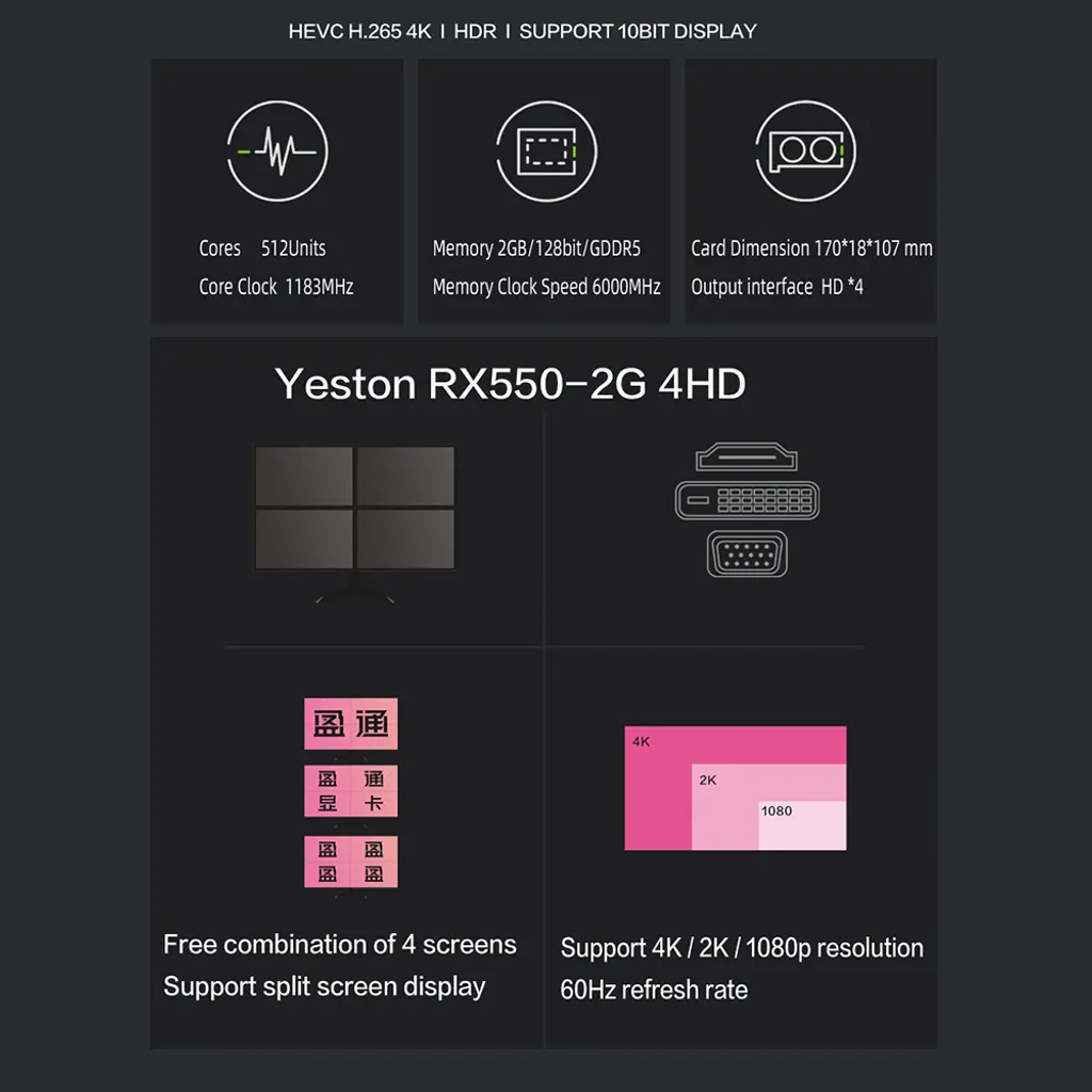 Yeston RX550 2G GDDR5 128 bits avec support HDR et profondeur 10 bits