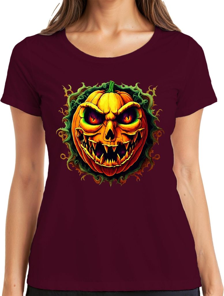 Horrorkürbis Grusel Kürbiskopf Halloween Jack O Lantern Schaurig Damen T-Shirt, Burgundy, M