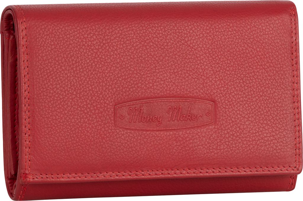 A red leather wallet is shown closed against a white background.