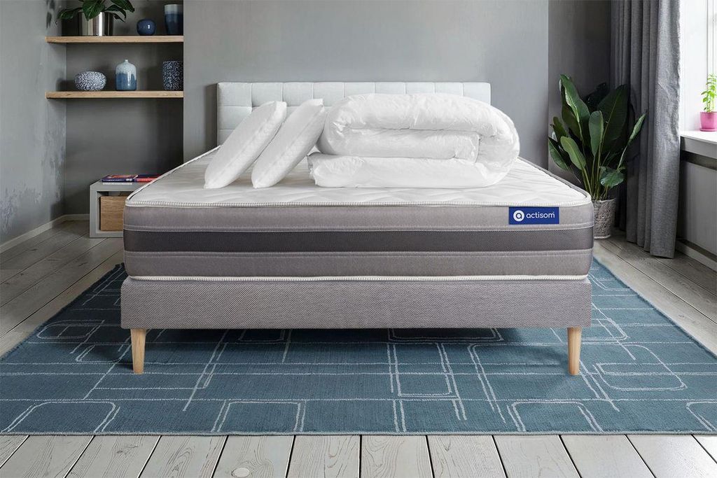 Komplettpaket Bett - Matratze 180x200 cm + Boxspringbett mit Lattenrost (im Set) + 2 Kopfkissen + Bettdecke - Actilatex Relax