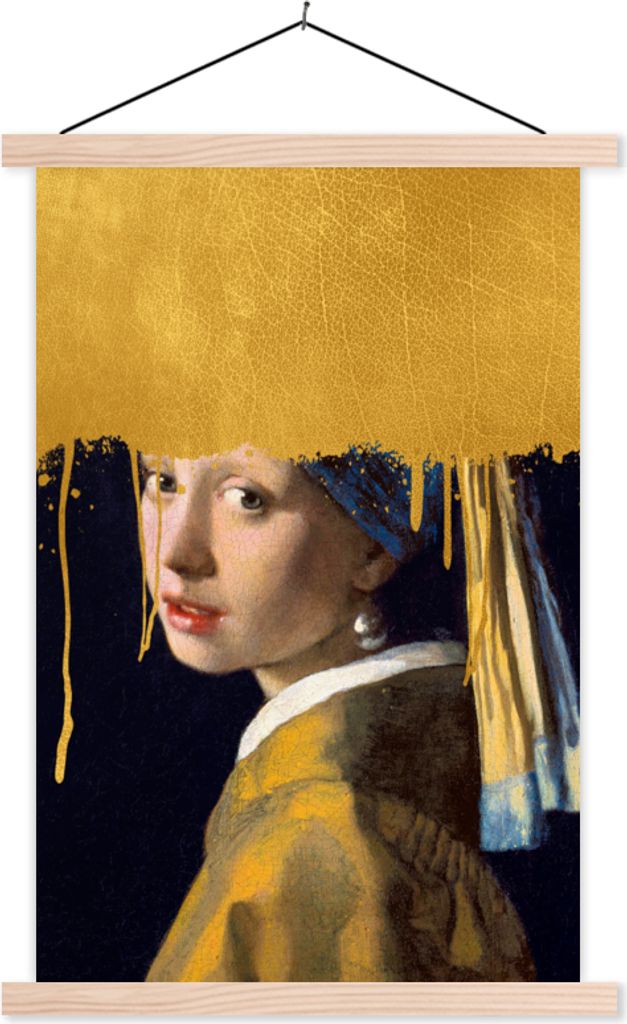 MuchoWow Textilposter Mädchen mit einem Perlenohrring - Gold - Johannes Vermeer 40x60 cm mit holzfarbenen Rahmen - Poster