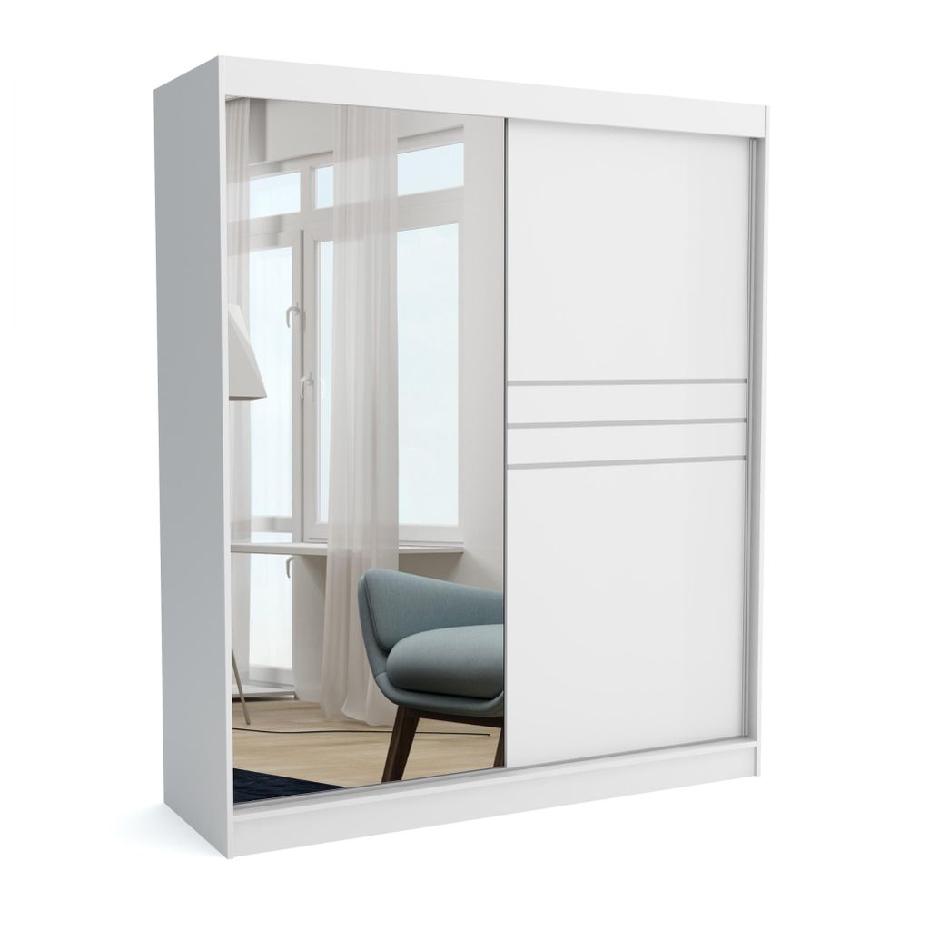 Kleiderschrank TOM II 180 WHITE, 180x60x215 cm – Schiebetüren mit Spiegel, Kleiderstange & Regalböden, Garderobenschrank, Moderner Kleiderschrank