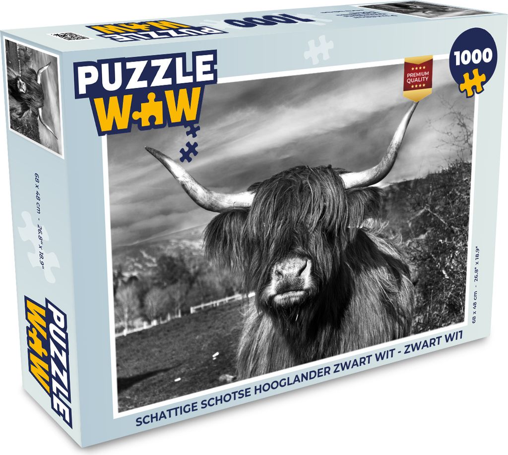 MuchoWow Puzzle 1000 Teile Schottischer Hochländer - Porträt - Schwarz - Weiß - Tier - Wildnis - Natur - Erwachsene - Rätsel