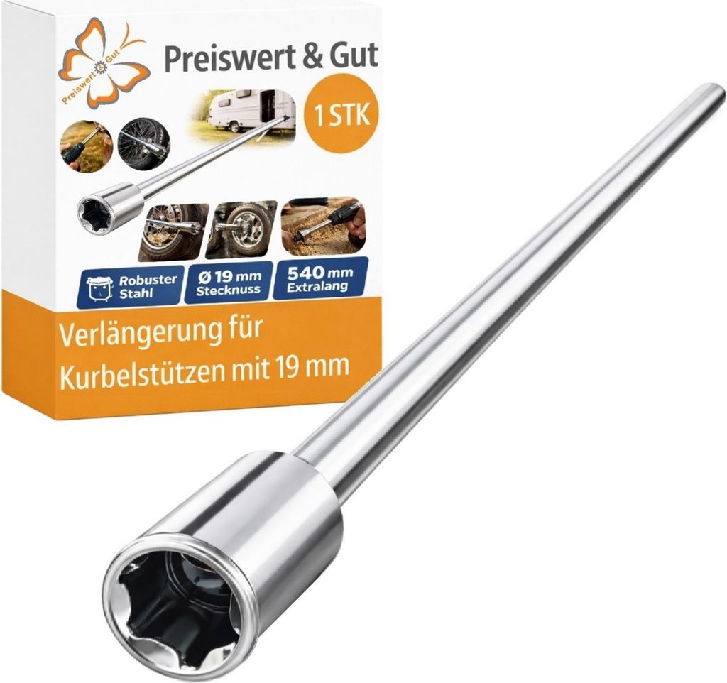 Wohnwagen Kurbel für Akkuschrauber 54 cm stabile Stahl Verlängerung mit 19 mm 6-Kant Adapter für Kurbelstützen