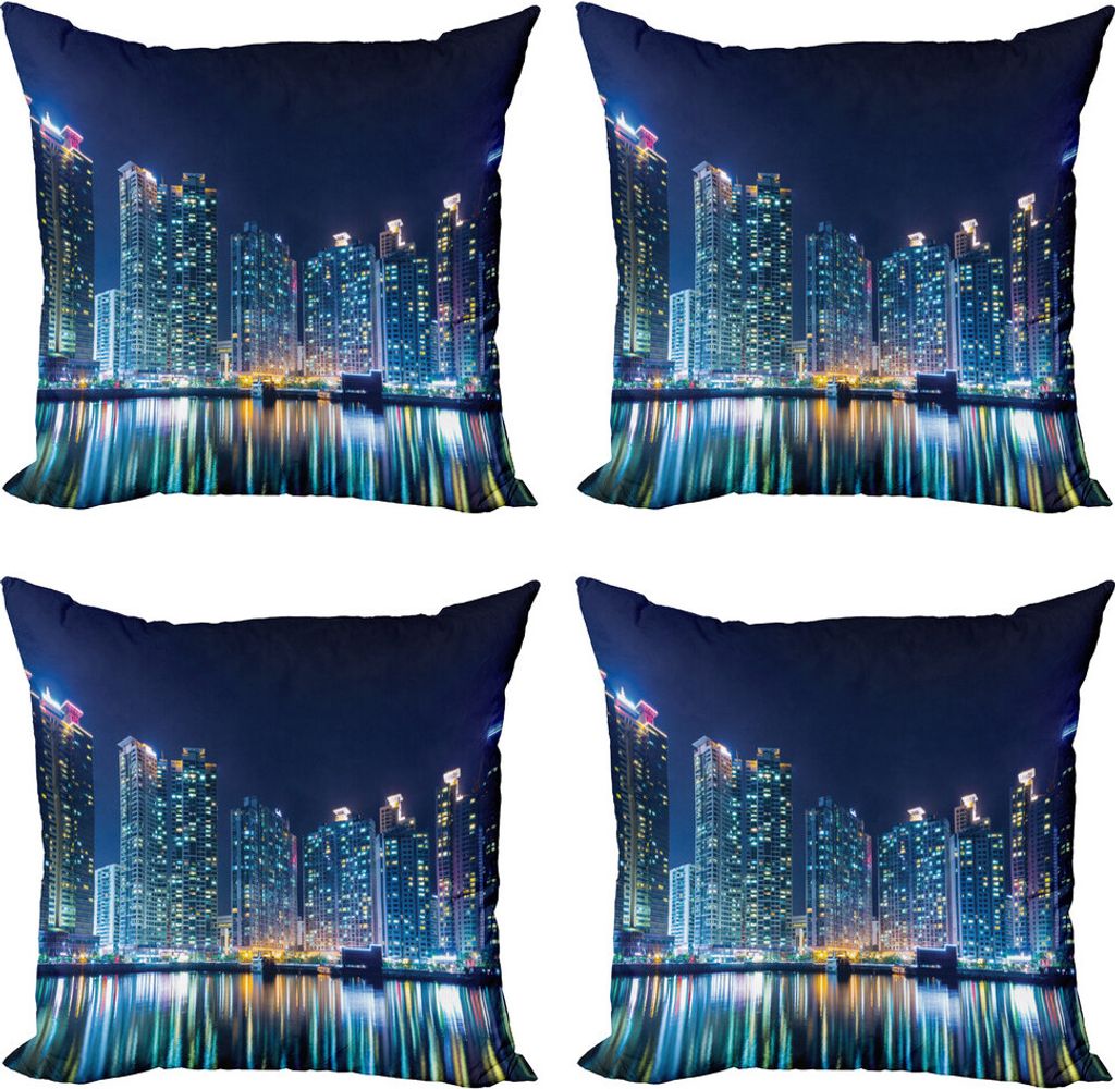 ABAKUHAUS Nachtozean Kissenbezug Set (4 Stück), Städtisches Skyline-Foto, Moderner Doppelseitiger Digitaldruck, 40 cm x 40 cm, Dunkel Petrol Blau...
