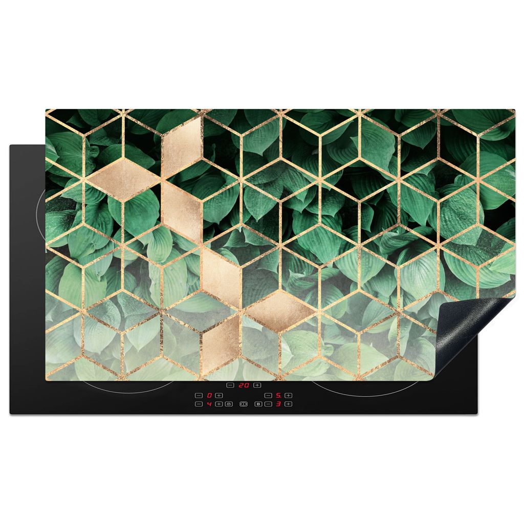 KitchenYeah Herdabdeckplatte Blätter - Gold - Würfel - Luxus , 91x52cm, Küche Deko, Glaskeramikkochfeld Herdabdeckung, Abdeckplatte fùr Kochfeld