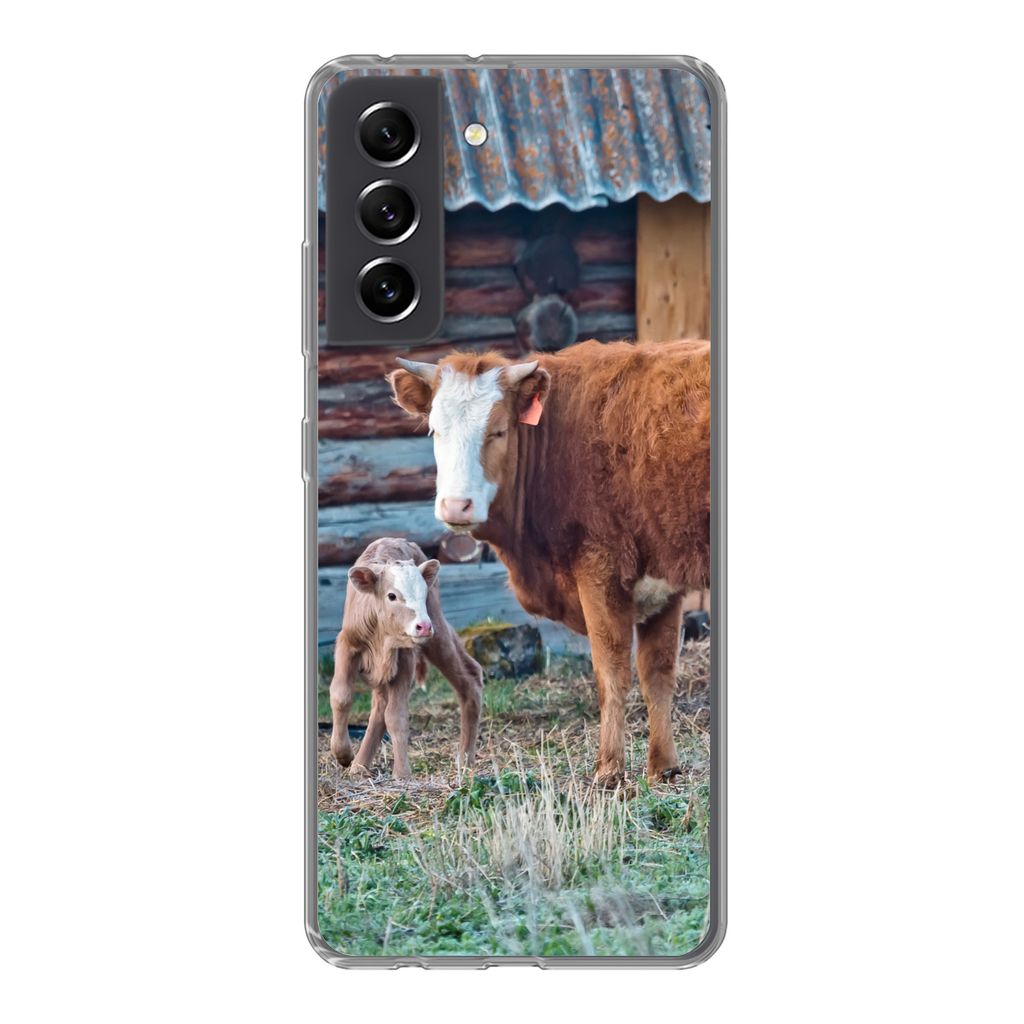 MuchoWow Handyhülle Schutzhülle Hülle für Samsung Galaxy S21 FE Kuh - Stall - Gras - Kalb Silikon Softcase Handy Hülle - Mobiltelefonhülle