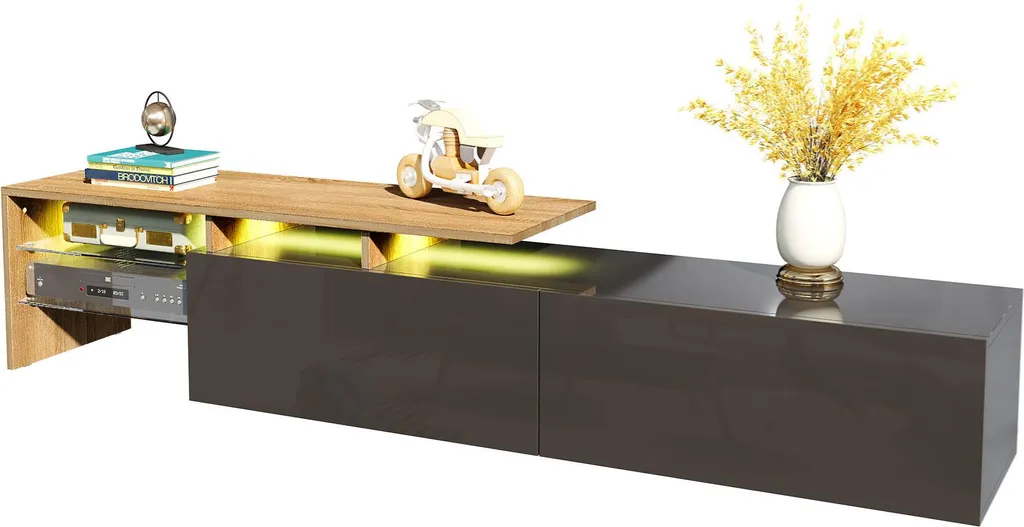 Meuble TV noir brillant avec éclairage LED et étagères en verre 170cm