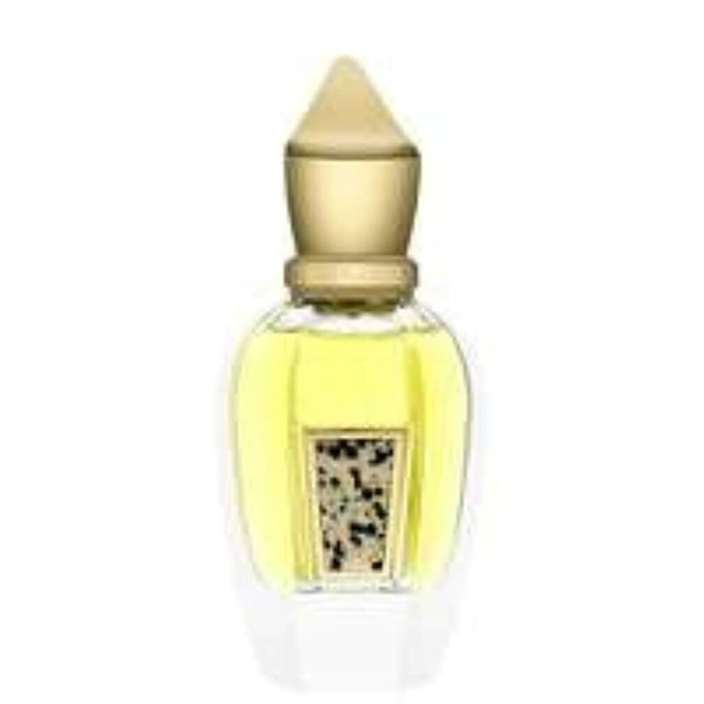 A perfume bottle with yellow liquid and a gold cap, set against a white background.