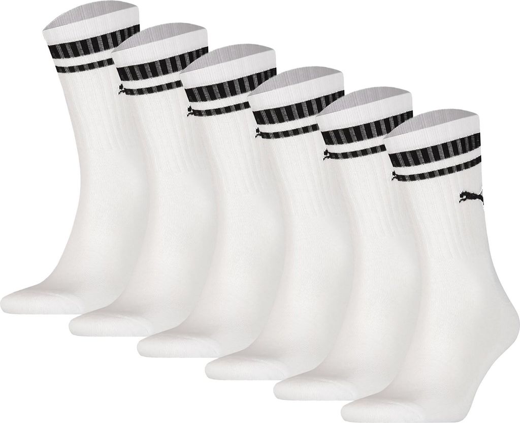 PUMA Uni Sport-Socken, 6er Pack - Crew Heritage, Tennis, Frottee-Sohle, Streifen Weiß 39-42