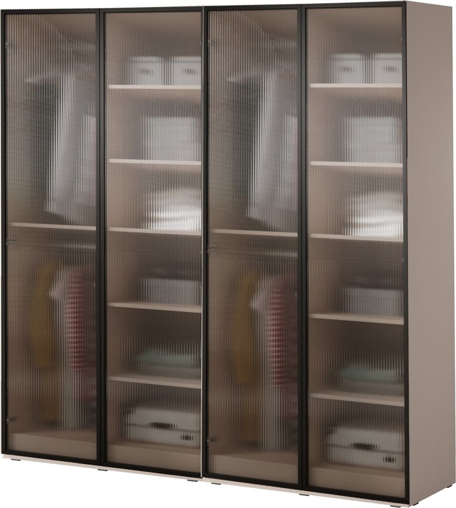 Drehtürenschrank mit Schubladen Falttürenschrank 4-türig Schrank mit Einlegeböden und Kleiderstange, Schlafzimmer - Schrank Minewra 200 - Beig...