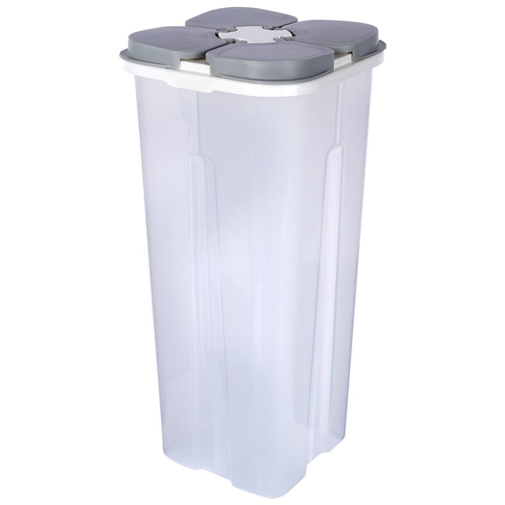 A clear, studio shot of a transparent food storage container with a gray and white lid.
