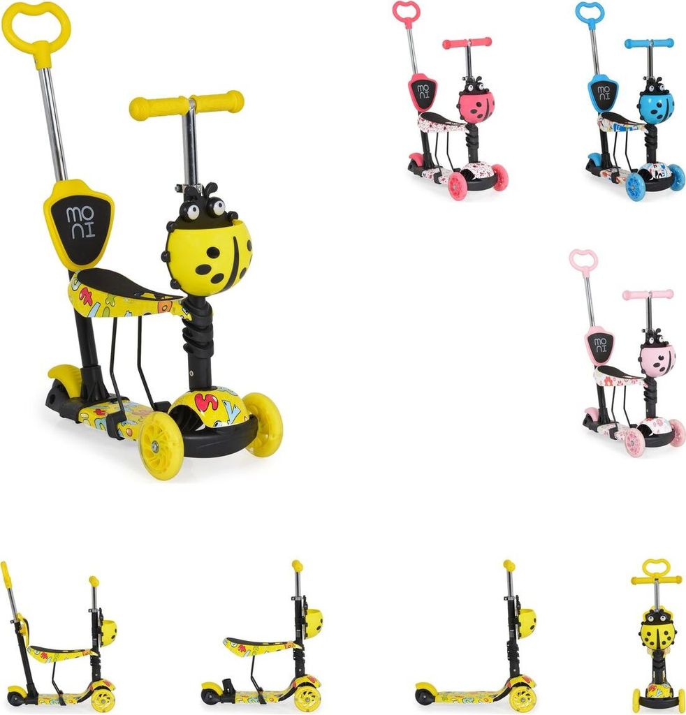 Moni Kinderroller Lollipop 3 in 1 Schiebestange, Sitz, PolyurethanVorderräder mit LED gelb