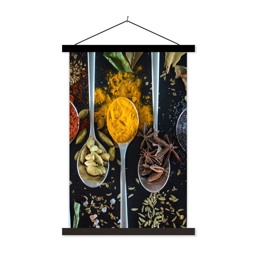 MuchoWow Textilposter Löffel - Gewürze - Kräuter - Lebensmittel - Tisch 60x90 cm mit schwarzem Rahmen - Poster Wohnzimmer
