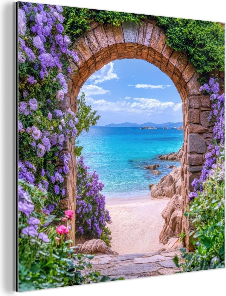 MuchoWow Wanddekoration Metall Metallbild Wandkunst 90x90 cm Aussicht - Tor - Meer - Strand - Felsen MuchoWow Aluminium Gemälde - Dekoration - Ind...