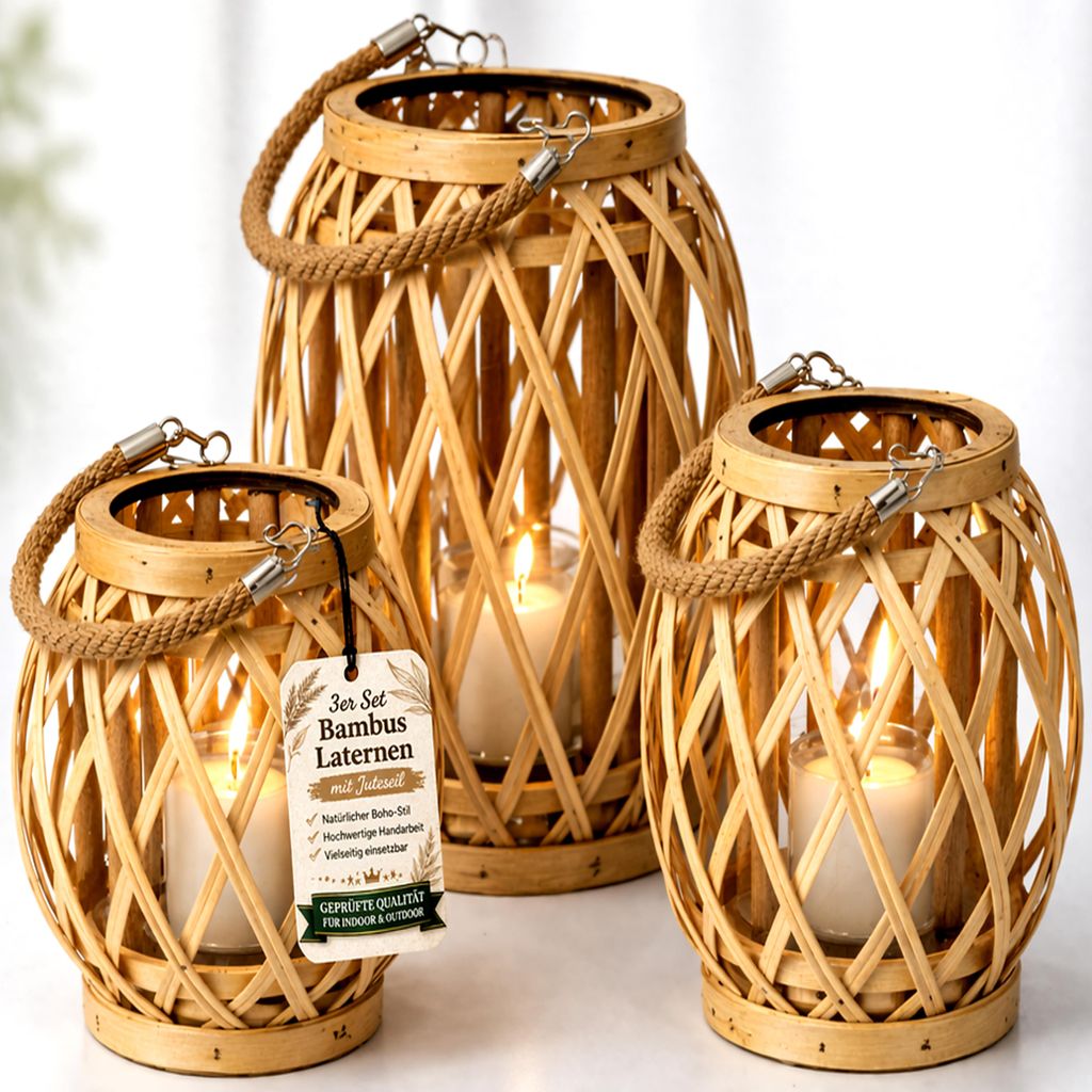 Bambus Windlicht 3er Set im Boho Stil – Laternen mit Glas & Jutegriff – Für gemütliche Atmosphäre auf Balkon, Terrasse & Wohnzimmer