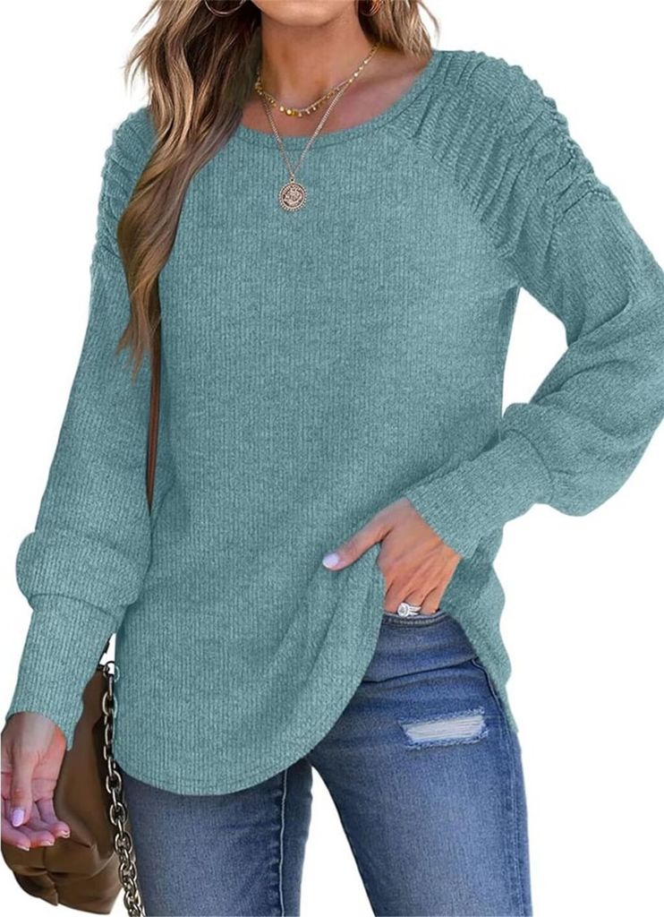 ASKSA Damen Langarmshirt Puffaermel Rundhals Leichte Rippstrick Casual Elegant Tunika Oberteile Tops, Hellblau, S