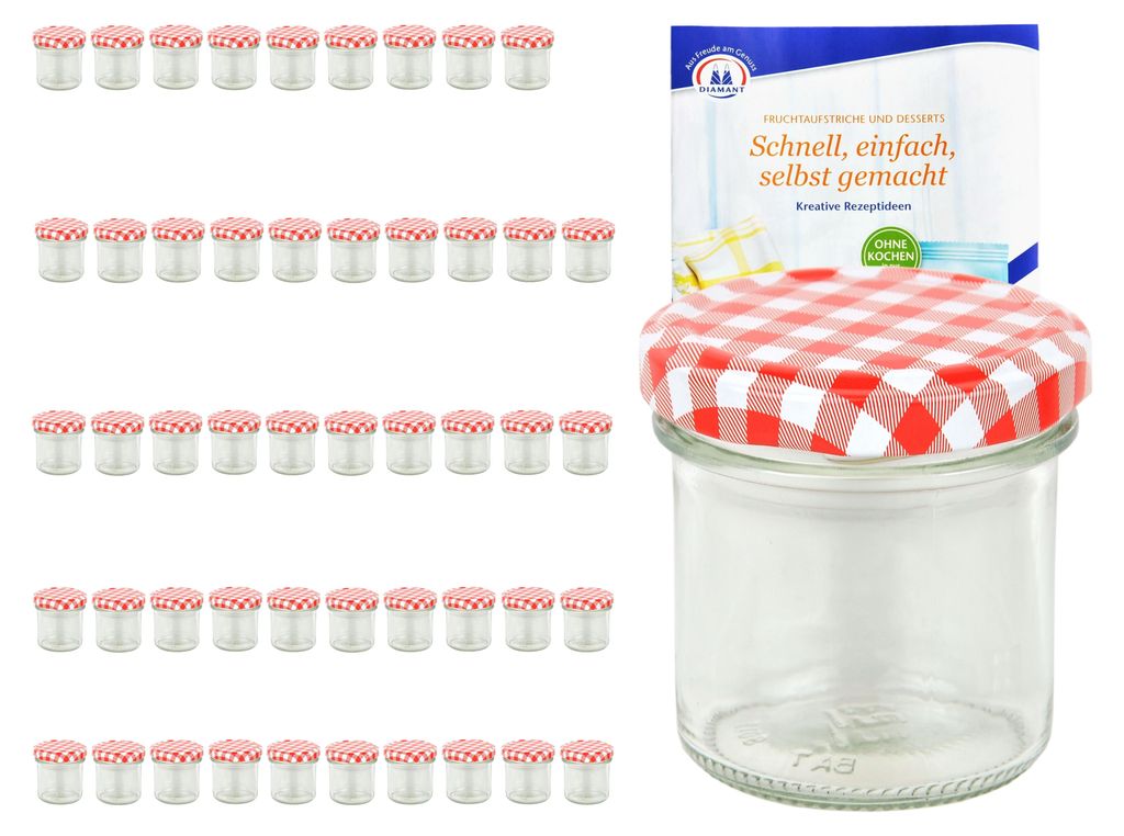 A collection of small glass jars with red and white checkered lids, and one jar in the foreground with a product box behind it.