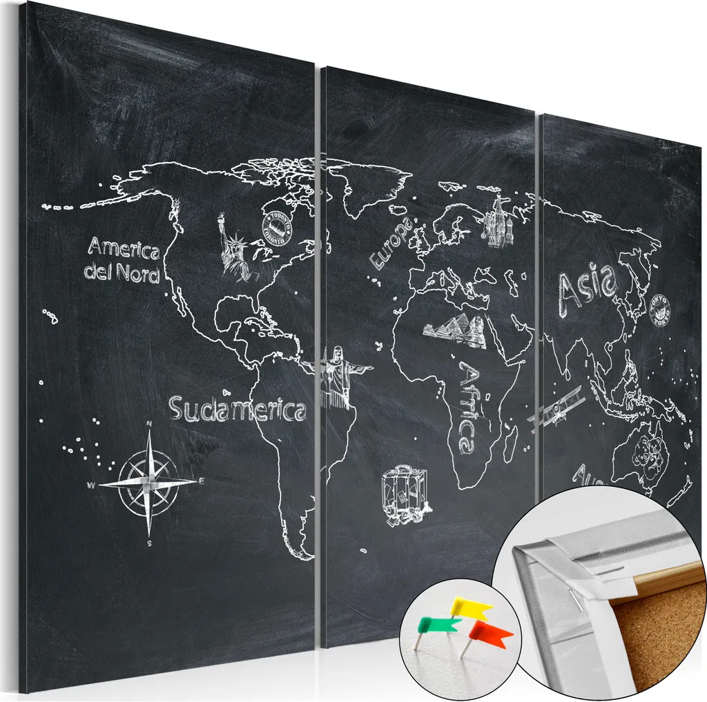Mappa Mondo Sughero 120x80 Lavagna Puntine - Alta Qualità k-C-0044-p-a