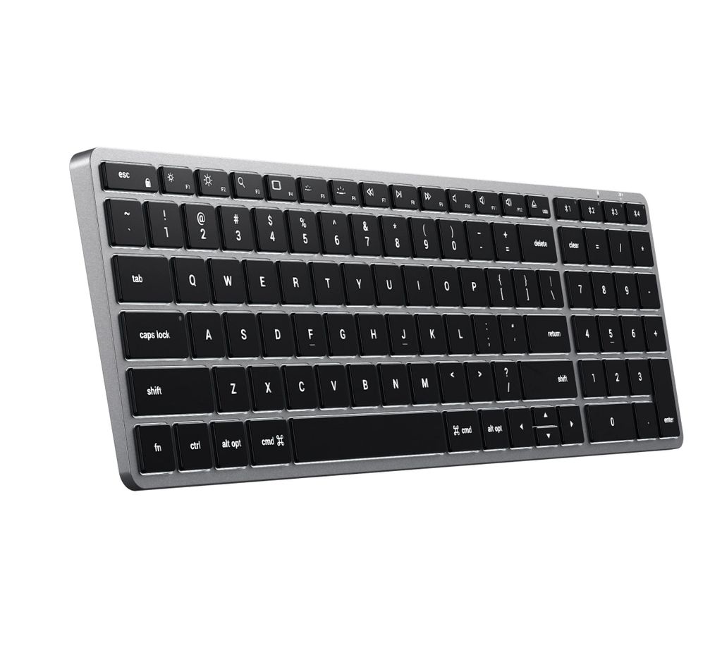 A Satechi Slim X2 wireless keyboard is shown from a diagonal angle against a white background.