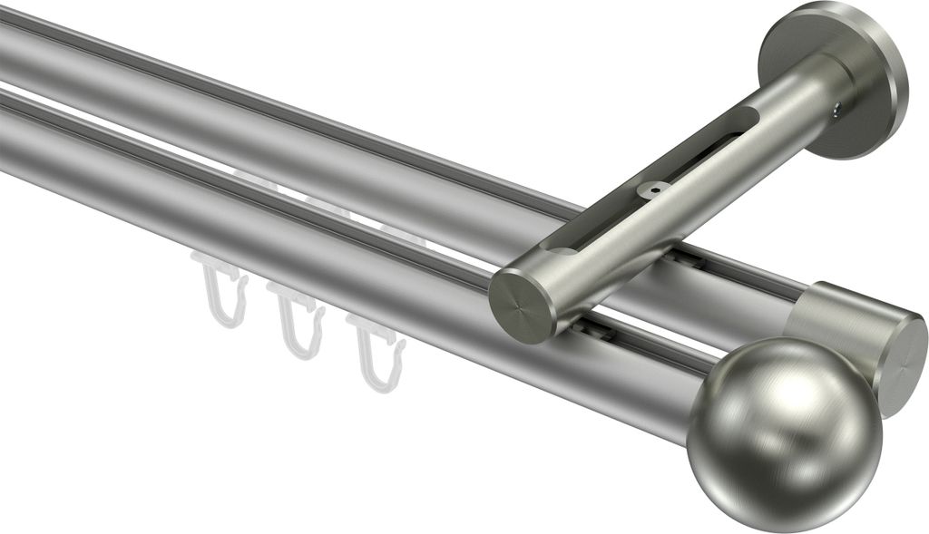 Interdeco Innenlaufstange / Gardinenstange mit Innenlauf Silbergrau / Edelstahl-Optik, Typ Siteno Luino (Kugel), 20 mm Ø 2-läufig, 200 cm