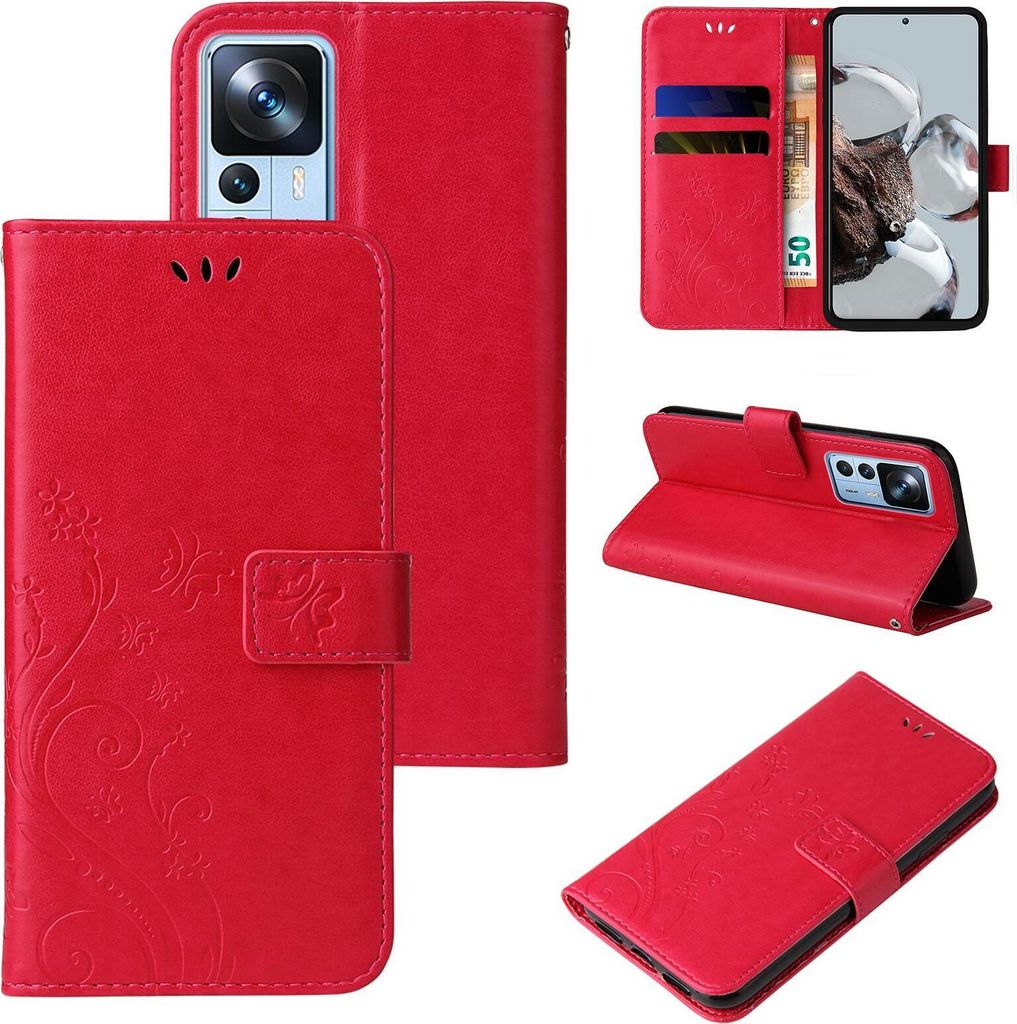 Handyhülle für Xiaomi 12T / 12T Pro Floral Blumen Schmetterling Flip Cover Hülle Case Klapphülle Handytasche Farbe: Rot