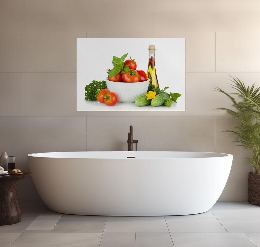Wallario wasserfestes Poster selbstklebend 91,50 x 61 cm, Frische Salatzutaten mit Kräuter-Öl - Tomaten, Gurke, Petersilie, Badezimmerposter Spri...