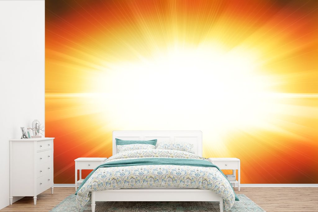 MuchoWow Fototapete für Wohnzimmer oder Schlafzimmer Wandtapete Vinyl Motivtapete Orangefarbenes Glühen um einen weißen Blitz - 420x280 cm - Z...