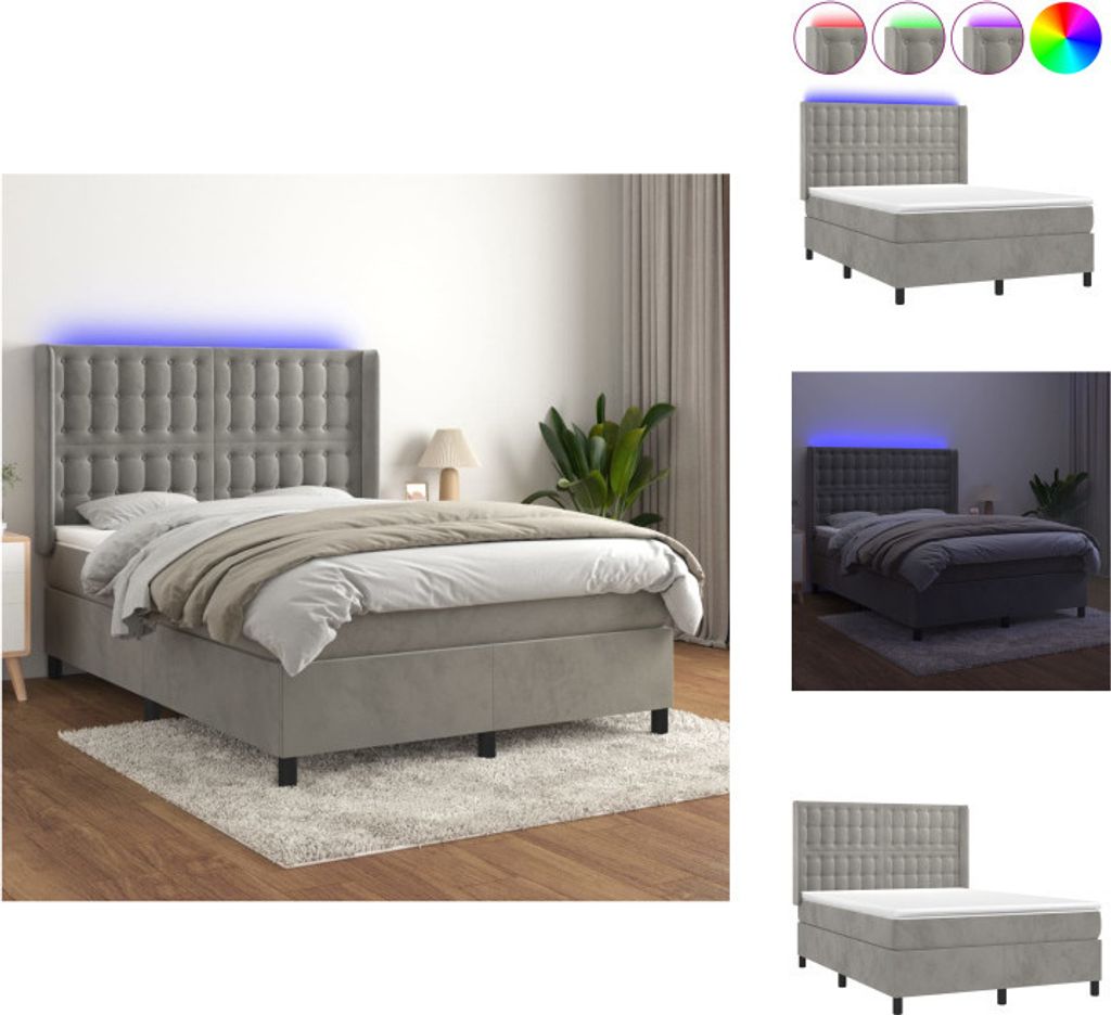 vidaXL Boxspringbett mit Matratze & LED Hellgrau 140x190 cm Samt - Betten & Bettgestelle
