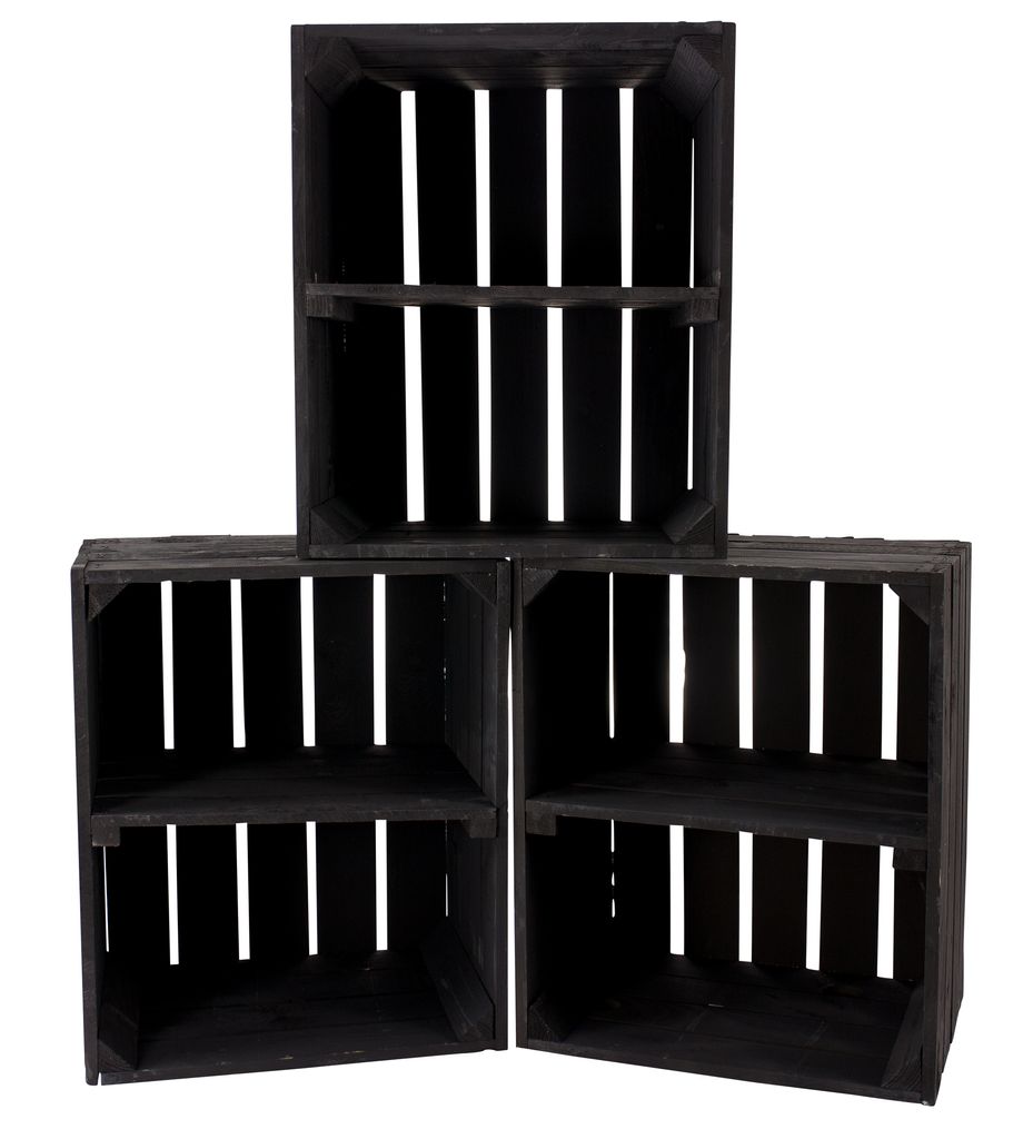 3er Set große neue schwarze Obstkiste 50cm x 40cm x 30cm Apfelkiste Schuhregal Holzregal Bank Garderobe Weinkiste Kisten Balkon Holzkiste Regalsystem