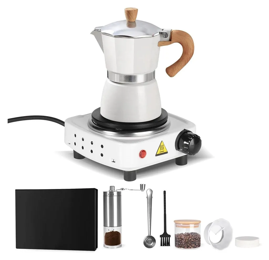 Set Cafetière Italienne Blanche et Réchaud Électrique 150ml - 7 Pièces