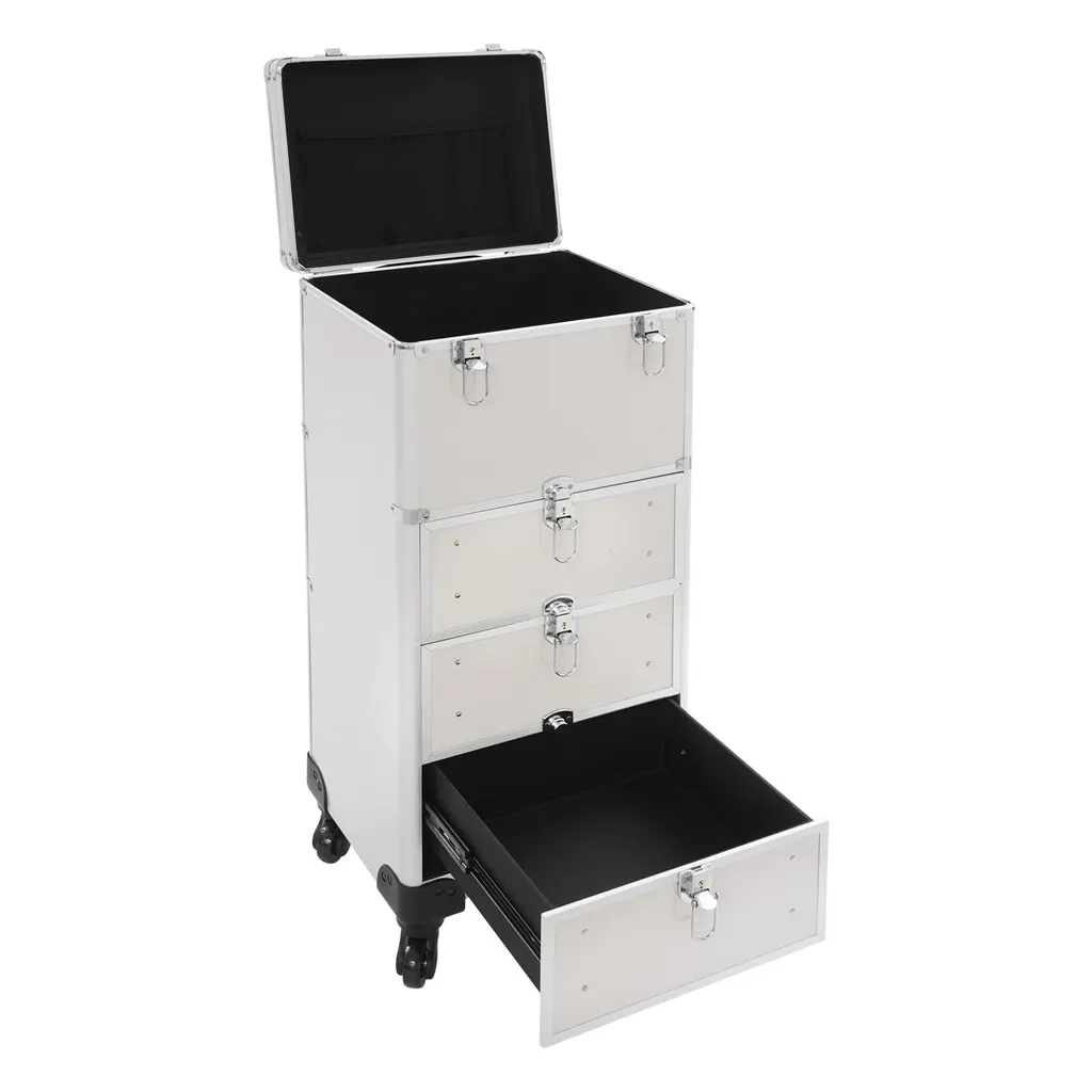 Chariot de maquillage argent avec tiroirs et roulettes pour institut